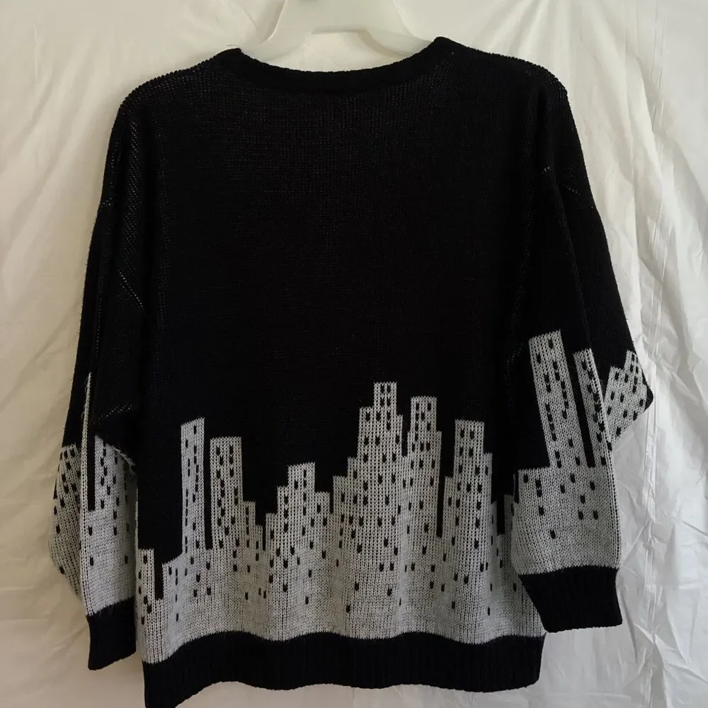 VTG Sweater New York Graphic Knit Pullover Crewneck Black Long Sleeve USA Made